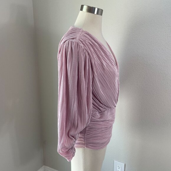 Express Womens Small Pleated Surplice Top Balloon Sleeve Lilac Mauve Pink Blouse - Picture 3 of 13